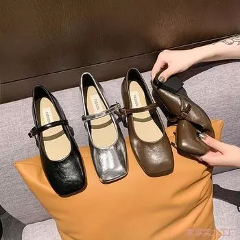 Неглубокие французские кожаные туфли в стиле ретро с квадратным носком и плоской подошвой Туфли Мэри Джейн Тонкие туфли с мягкой подошвой Повседневная легкая женская обувь 35 коричневый