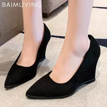 Неглубокие заостренные носки женские туфли на танкетке замшевые туфли на высоком каблуке модная обувь 2025 года тренд дизайнерские платья вечерние зимние туфли женские 35 чёрный