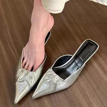 Неглубокий острый носок на среднем каблуке женские тапочки лето 2024 новые модные прогулочные сандалии туфли на каблуках сексуальное трендовое платье Mujer Zapatos Slides 35 чёрный