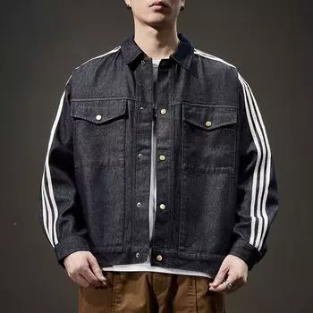 Негодяй, красивый, сращивание, полосатая джинсовая одежда, мужская, свободная, большого размера, модная, брендовая, высокого класса, куртка, топ, модный M темно-синий
