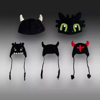 Негодяй молодой тот же стиль темная черная шерстяная шапка женская осень и зима интернет знаменитость смешной дьявол длинный косичка свитер вязаная шапка пара M56-58cm