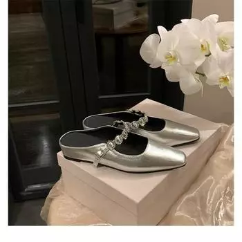 Nei Zeng~ Leather silver thick-bottomed bag head slippers women s rhinestone word with slope heel sandals half slippers 35