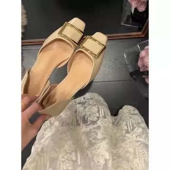 Nei Zeng~ Square Head Metal Buckle Shallow Mouth Single Shoes Femininity Hollow Leather One Pedal Commuter Sandals 34