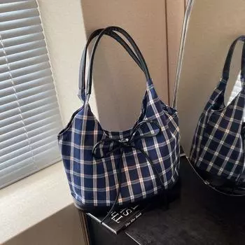 Нейлоновая клетчатая сумка большой вместимости женская летняя сумка 2024 года, универсальная сумка через плечо и подмышку для поездок на работу, портативная сумка-ведро
