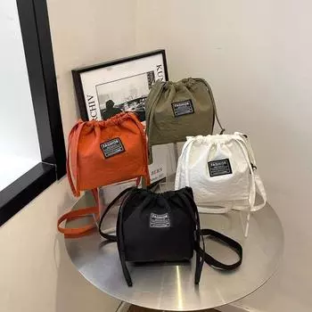 Нейлоновая парусиновая сумка через плечо, большая вместимость, женская сумка через плечо, повседневная сумка-ведро на шнурке, колледж белый