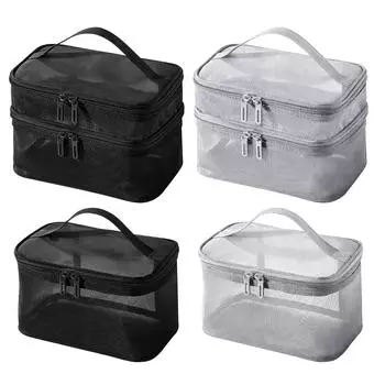 Нейлоновая сетчатая косметичка, многофункциональная косметичка для туалетных принадлежностей, большая вместимость на молнии, портативная, быстросохнущая для праздничных подарков Double layer чёрный