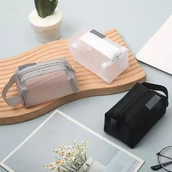 Нейлоновая сетчатая сумка большой емкости с портативной ручкой, прозрачная видимая прочная молния, многофункциональная канцелярская бумага для студентов, косметическая помада, чехол для монет чёрный