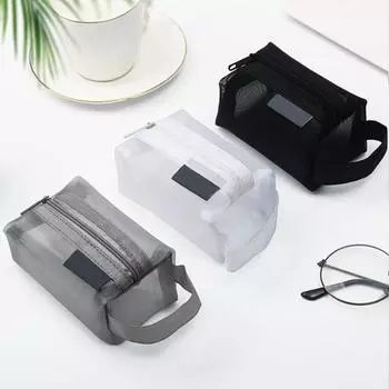 Нейлоновая сетчатая сумка большой емкости с портативной ручкой, прозрачная видимая прочная молния, многофункциональная канцелярская бумага для студентов, косметическая помада, чехол для монет серый