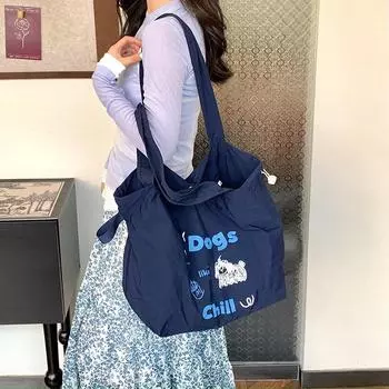 Нейлоновая сумка-тоут большой емкости для женщин с завязками на плече с принтом собаки для студентов, сумка подмышкой темно-синий