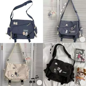 Нейлоновые сумки через плечо, сумки через плечо большой емкости для подростков, сумка-мессенджер, школьные сумки для студентов with 4 badges синий