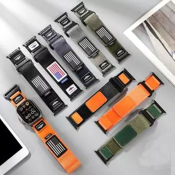 Нейлоновый+кожаный ремешок для Apple Watch Ultra 2/Ultra 49 мм 9 8 7 45 мм 41 мм мужской спортивный тканый ремешок на запястье аксессуары для iWatch Series SE 6 5 4 3 2 1 SM 49mm 45mm 44mm 42mm for apple watch чёрный