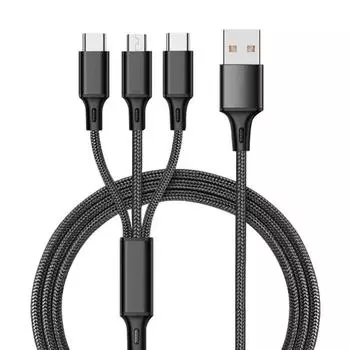 Нейлоновый плетеный провод для зарядки телефона, кабель для быстрой зарядки, универсальный 3-в-1 кабель для быстрой зарядки USB чёрный