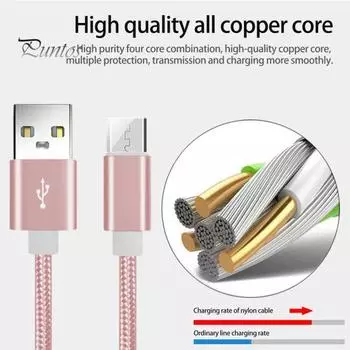 Нейлоновый плетеный шнур с медным сердечником, высокопрочный противообмоточный кабель для передачи данных по телефону, интерфейс Micro USB, кабель для быстрой зарядки 2A для Android 1M чёрный