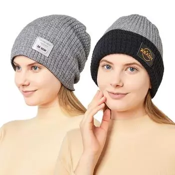 Нейтральные мужские и женские двусторонние вязаные шапки, утолщенные шерстяные шапки с цветовым сочетанием и маркировкой, защитные наушники и теплые шапки на зиму M56-58cm чёрный