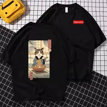 Neko Ramen Ukiyo-E японская футболка унисекс с принтом, простая брендовая уличная одежда, свободная футболка большого размера, футболка унисекс с рисунком L