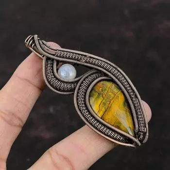 Подвеска из неллита, обернутая медной проволокой, подвеска из натурального радужного лунного камня, ювелирное изделие из неллита, подарок для нее, ювелирное изделие из меди ручной работы