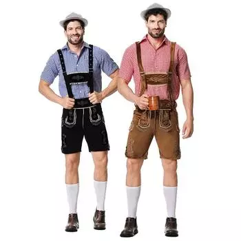 Немецкая традиционная одежда для пивного фестиваля, клетчатая рубашка с висящей шляпой, комплект из трех предметов L синий