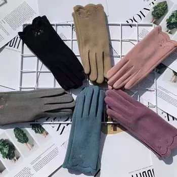 Немецкие бархатные перчатки, термоперчатки с вышивкой, перчатки для пальцев, утепленные бархатные перчатки для сенсорных экранов для женщин average size серый
