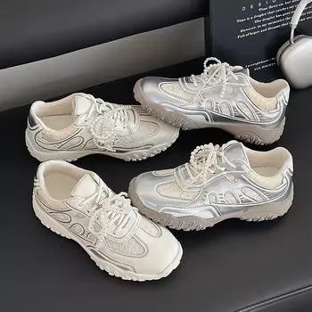 Немецкие кроссовки с толстой подошвой серебристого цвета для женщин 2025 года с новой серповидной подошвой для увеличения высоты повседневной обуви Forrest Gump 35