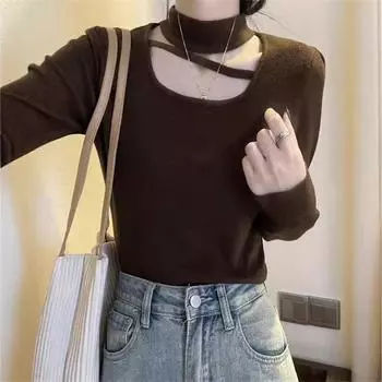 Немецкий бархат чистый хотите тонкий и тонкий низ верх осень и зима новый универсальный знаменитость полые утолщенные длинные рукава футболка прилив M белый