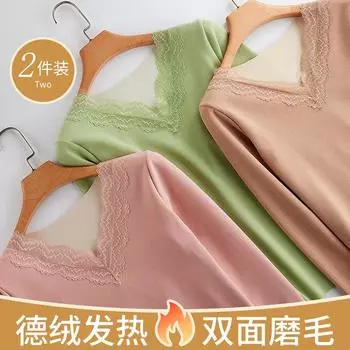 Немецкое бархатное термобелье утолщенное и бархатное внутреннее белье двухстороннее кашемировое кружево с длинными рукавами осенняя одежда нижняя рубашка женская L (85-52.5 kg recommended) светло-розовый