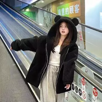 Немного упитанная шуба MM большого размера из шерсти медведя-ягненка, осенне-зимняя шуба с плюшевыми ушками и утолщенным капюшоном M абрикосовый