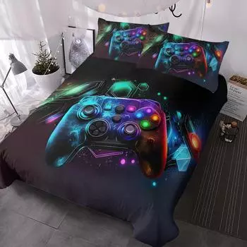 Nenon Game Joystick Bedding Set 3 Piece Retro Gamer Comforter/Quilt Cover Set Digital Geometric Hexagon Duvet Cover Set 218x177cm 86x70in