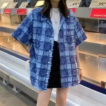 Необработанные края женская рубашка лето осень повседневный воротник-лацкан дамские блузки темперамент мода с коротким рукавом одежда M синий