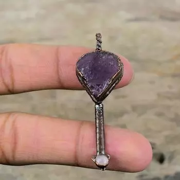 Необработанный африканский аметист, кулон из розового кварца, гальванопластическая медная подвеска, подвеска из драгоценного камня, гальванопластические ювелирные изделия ручной работы, свадебный подарок