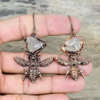 Необработанный белый топаз серьга гальванопластика медные серьги серьга медовая пчела серьги из драгоценных камней ручной работы медная бижутерия для подарков серьга-подвеска