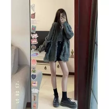 Необработанный край бахрома серый свитер куртка женская осень и зима большой размер пикантный свободный вязаный кардиган топы женский удобный универсальный и модный S