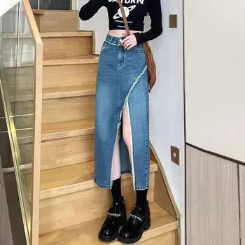 Необработанный край Дизайн А-силуэта Женская Нестандартная Винтажная Высокая Талия Разрез Пакет Бедра Средней Длины Юбка Универсальная Удобная Модная Джинсовая Юбка-Бюстье S черный серый