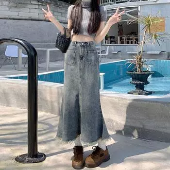 Необработанный край джинсовая юбка женская летняя ретро юбка средней длины рыбий хвост юбка-бюстье А-силуэта тонкая упаковка бедра удобная модная джинсовая юбка-бюстье S джинсовый