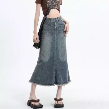 Необработанный край винтажная джинсовая юбка-трапеция полуюбка женская высокая талия дизайн Sense Package бедра средней длины юбка рыбий хвост удобная модная джинсовая юбка-бюстье S джинсовый
