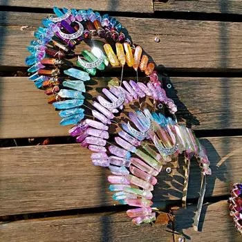 Необработанный кристалл, кварцевая тиара, повязка на голову, лунный кристалл, тиара в стиле бохо, корона богини, свадебный головной убор невесты для женщин и девочек