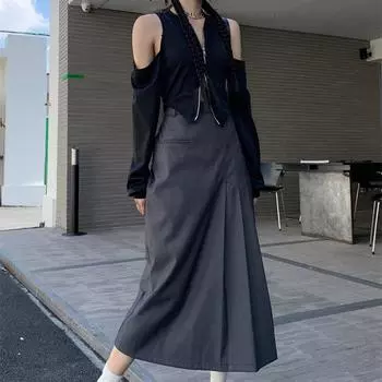 Необычная длинная юбка, женская винтажная Y2K с высокой талией, трапециевидной формы, лоскутная плиссированная юбка, школьная повседневная уличная одежда 90-х годов, лето S чёрный