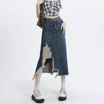 Необычная джинсовая юбка-миди в стиле ретро, женская летняя тонкая юбка трапециевидной формы с высокой талией, женская уличная одежда, повседневная винтажная Y2K, синяя XS синий