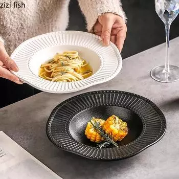 Необычная керамическая глубокая тарелка с рельефной текстурой Салатная тарелка Толстая суповая тарелка Тарелки для сашими Десертная посуда для ресторана