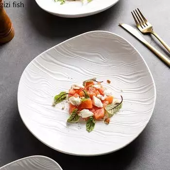 Необычная керамическая глубокая тарелка с водной рябью Чисто-белая салатная тарелка Толстая суповая тарелка Десертное блюдо Тарелки для пасты Креативная столовая посуда