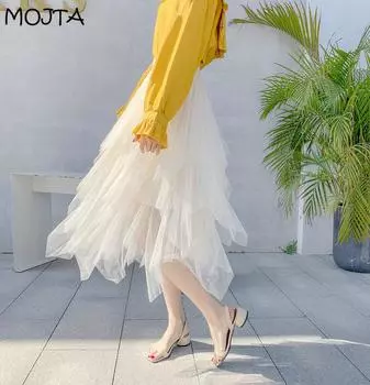 Необычная сетчатая юбка, женская весенняя новинка средней длины, газовая юбка с высокой талией, универсальная юбка для похудения one size белый