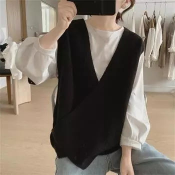 Необычная вязаная рубашка, майка, женский осенний новый свободный жилет без рукавов с v-образным вырезом M хаки