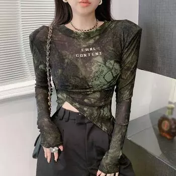 Необычная женская футболка с длинным рукавом, винтажная уличная одежда, повседневные топы с тонкой сеткой, солнцезащитным кремом