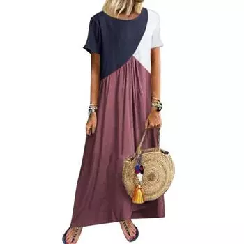 Необычное модное свободное женское платье макси с коротким рукавом и круглым вырезом для путешествий L фиолетовый