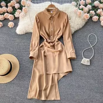 Необычное платье, женское весеннее платье, новый стиль, темпераментное платье-рубашка на пуговицах с лацканами, однотонное универсальное тонкое платье, модное