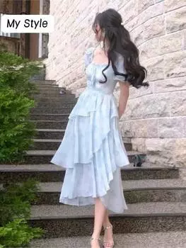 Необычное шифоновое платье, летнее новое дизайнерское платье с цветочным принтом и талией феи для женщин, летнее повседневное пляжное платье S синий