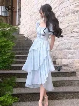 Необычное шифоновое платье, летнее новое дизайнерское платье с цветочным принтом и талией феи для женщин, летнее повседневное пляжное платье S синий