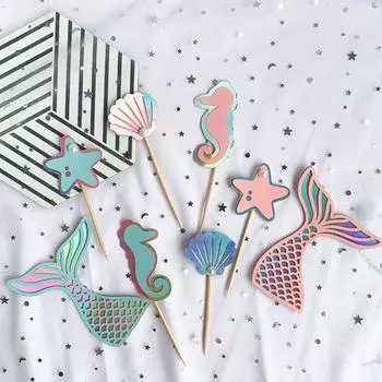 Необычные блестящие, добавляющие атмосферу, яркие, красивые ракушки в форме рыбьего хвоста, топперы для торта для праздника, топперы для торта озеро синий