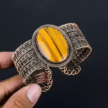 Необычные манжеты/браслет ручной работы с драгоценным камнем из чистой медной проволоки, регулируемые ювелирные изделия Adjustable жёлтый