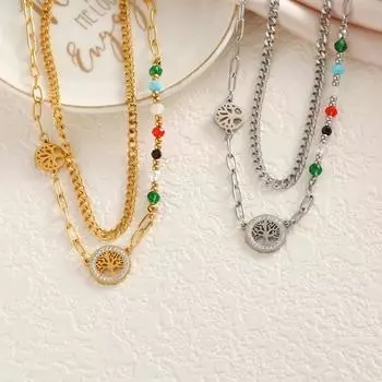 Необычные ретро-бусины с цветным кулоном «Дерево жизни» аксессуары из титановой стали двухслойное ожерелье 1