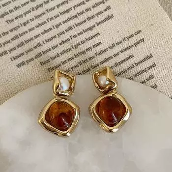 Необычные серьги-гвоздики из янтаря и смолы с жемчугом, женские серьги-гвоздики с узором Майяр, винтажные, легкие, роскошные, модные, для поездок на работу